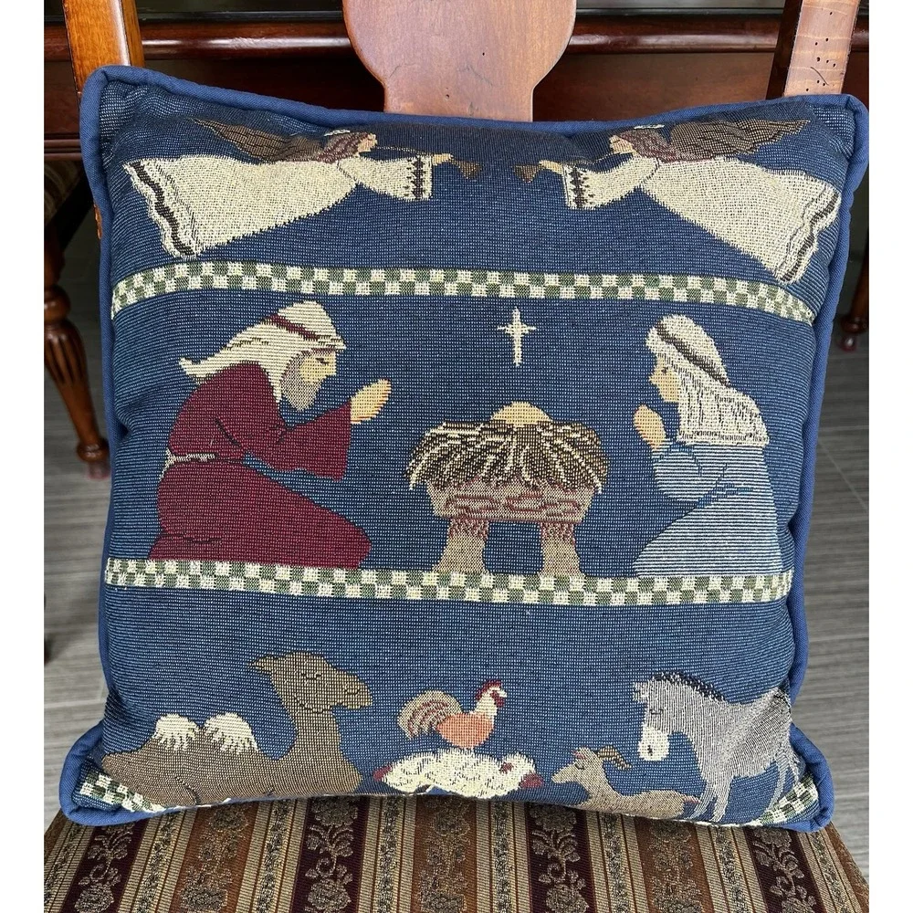 Nativity Tapestry Pillow Jesus Mary Joseph Manger Angels Animals Christmas 16x16
